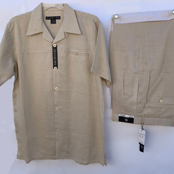 NEW-GEN 100% linen Blend Two-Piece Casual Set Short Sleeve Shirt & Pant For Men